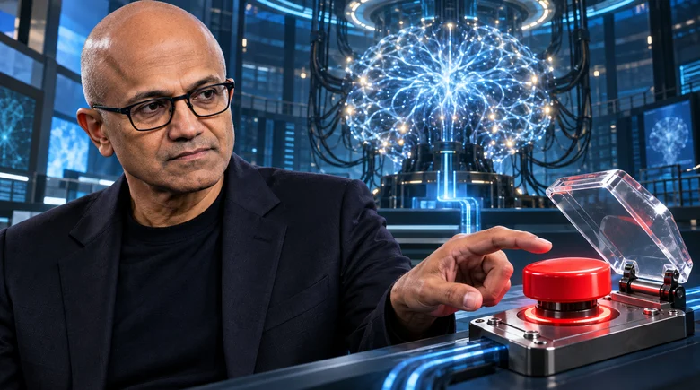 Microsoft CEO Satya Nadella reaching for a red emergency stop button in front of a glowing AI brain inside a server hall
