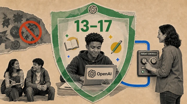 Halftone paper-collage illustration of a large green shield carrying the OpenAI mark and the numbers 13 to 17, with a teenager working at a laptop badged OpenAI inside it surrounded by book and pencil icons, a torn panel on the left showing blocked content behind a red no-entry sign, two other teens sitting below, and a parent on the right turning the dials on a console labelled PARENT CONTROLS wired to the shield